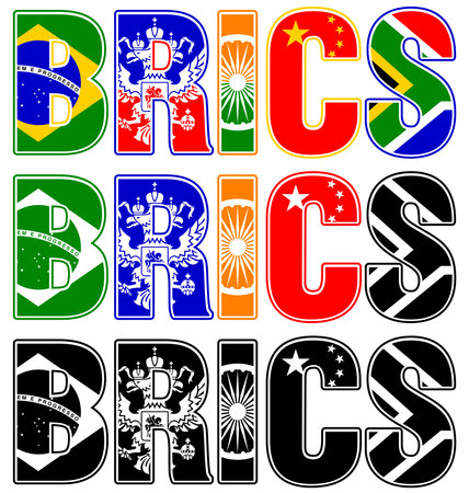 BRICS summit flags symbols with colors and black and white, vector illustrationのイラスト素材