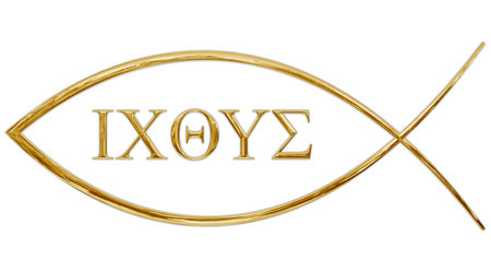 The first symbol of Christianity in the shape of a fish, golden illustrationの写真素材