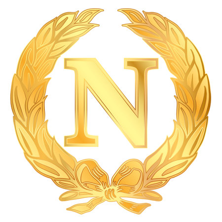 Napoleonic letter N symbol inside a laurel wreath, golden vector illustration on the white backgroundのイラスト素材