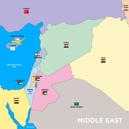 Middle East, stylized map with flags and state borders, vector illustrationのイラスト素材