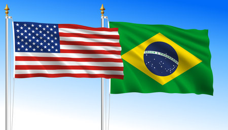 United States vs Brazil, waving flags on a sky blue background, illustrationの写真素材