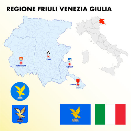 Friuli Venezia Giulia, Italy, regional map and symbols of the region and cities, illustrationの写真素材