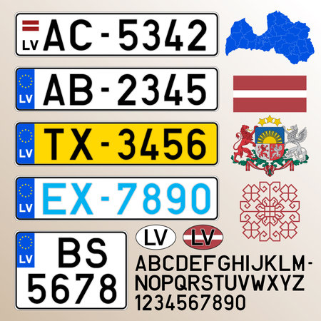 Latvia car license plate pattern, letters, numbers and symbols, vector illustration, European Unionのイラスト素材