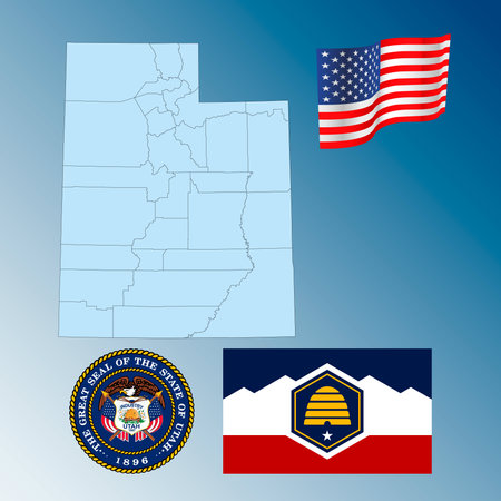 Utah US federal state waving flag, seal and map, United States, vector illustrationのイラスト素材