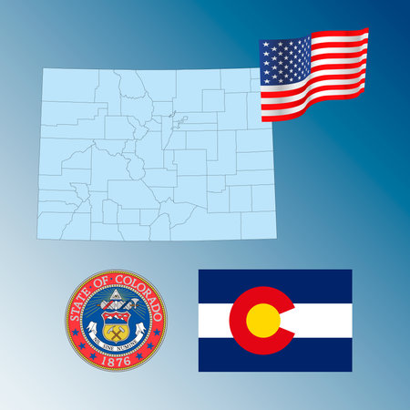 Colorado US federal state waving flag, seal and map, United States, vector illustrationのイラスト素材