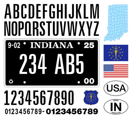 Indiana new car license plate black pattern style, letters, numbers and symbols, vector illustration, USA, United Statesのイラスト素材
