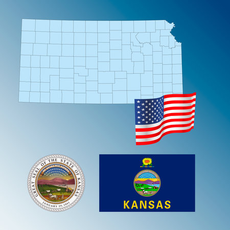 Kansas US federal state waving flag, seal and map, United States, vector illustrationのイラスト素材