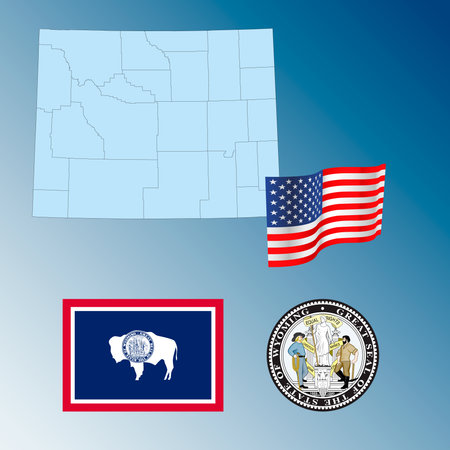 Wyoming US federal state waving flag, seal and map, United States, vector illustrationのイラスト素材