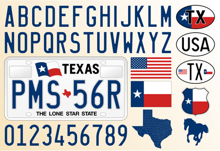 Texas state vintage car license plate, letters, numbers and symbols, vector illustration, United States of Americaのイラスト素材