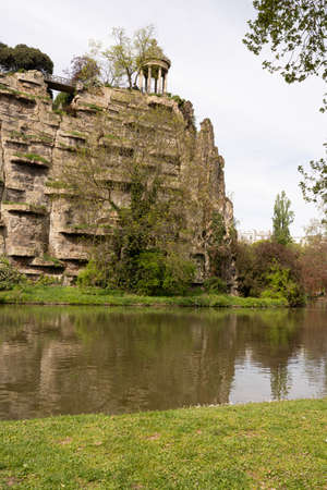 Park of the Buttes Chaumont. View of the Temple of the Sibyl in the Belvedere Islandの写真素材