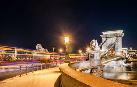 Night view of the Szechenyi Chain Bridge in the Bupapest, Hungary.の写真素材
