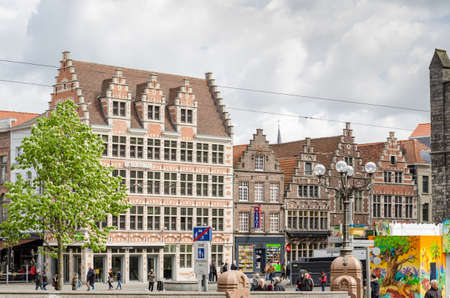 GHENT, BELGIUM - APRIL 16, 2017: Facade of building in the historic city center of Ghent, Belgium
