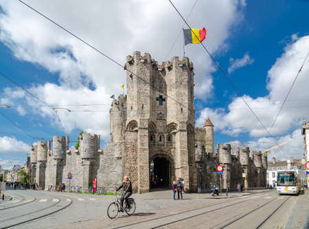 GHENT, BELGIUM - APRIL 16, 2017: The Gravensteen or Castle of the Counts is a castle in Ghent, built...