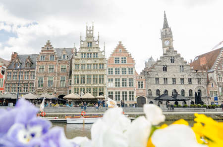 GHENT, BELGIUM - APRIL 16, 2017: Graslei is a quay and one of the most picturesque places in the historic city center of Ghent, Belgium, located on the right bank of the Leie river.のeditorial素材