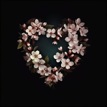 Heart of cherry blossoms on a black background. Love concept.の素材