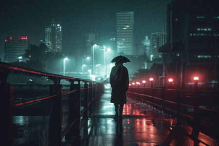 Silhouette of a man in raincoat with umbrella walking on a bridge at night.の素材