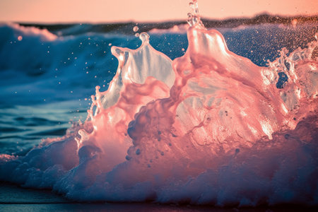 Beautiful wave splashing on the beach at sunset. Toned.の素材