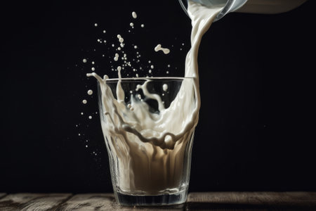 Pouring milk into a glass with splashes on a black backgroundの素材