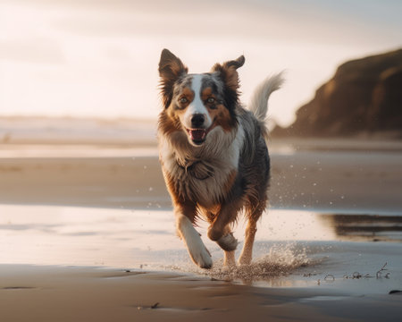 Australian shepherd dog running on the beach at sunset. AI generatedの素材