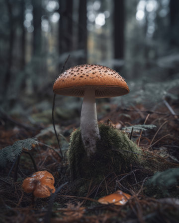 Amanita muscaria mushroom in a mossy forest. AI generatedの素材