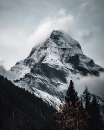 A tall snowy mountain in the forest. Overcast day.の素材