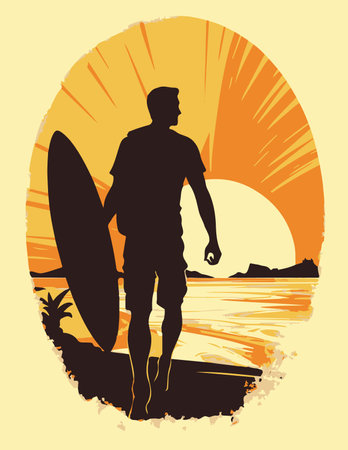 surfer silhouette with surfboard at sunset vector illustration eps 10のイラスト素材