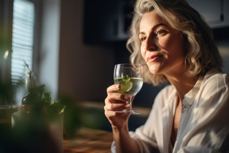 Attractive mature woman drinking a glass of water in the kitchen at homeの素材