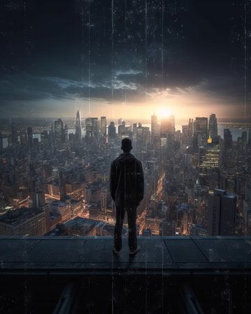 Businessman standing on the top of a skyscraper and looking at the cityの素材