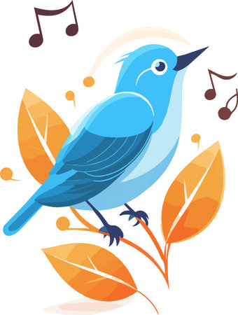 Illustration of a blue bird singing on a branch surrounded by leavesのイラスト素材