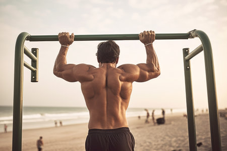 Rear view of a fit and muscular man doing pull-ups at the beach. AI generated.の素材