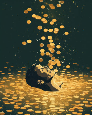 Man drowning in gold coins falling from the sky. AI generatedの素材