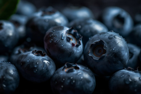 Fresh blueberries with water drops on dark wooden background, close up, macro, ai generatedの素材
