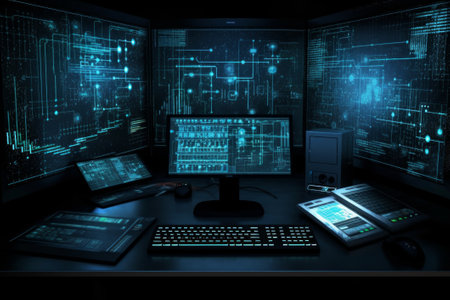 Cyber security concept with computers and screens in dark room 3D rendering. Software engineering, app development, software development, ai generatedの素材