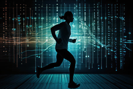 Silhouette of sportswoman running on digital background with numbers and data. AI generated.の素材