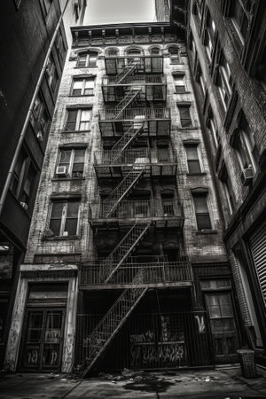 Old run down building, skyscraper in big city, black and white. AI generated.の素材