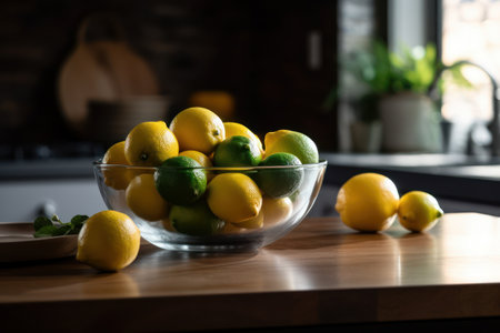 Limes and lemons in glass bowl on wooden table in kitchen, sunlight flowing in. AI generated.の素材