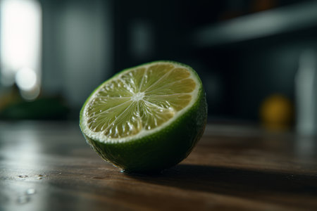 Sliced lime on a wooden table in the kitchen. Selective focus.の写真素材