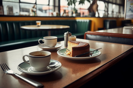 Coffee cups and cake on wooden table in coffee shop.の素材