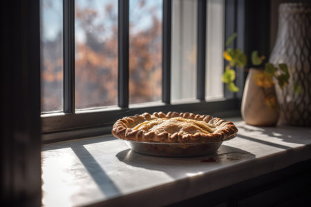 Freshly baked homemade apple pie on the window sill. Selective focus. AI generated.の素材