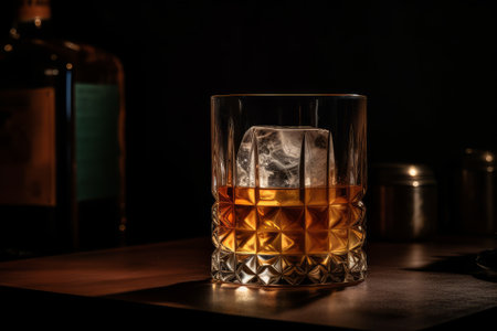 Whiskey/bourbon on the rocks with ice cubes in a glass on a black background in a bar. AI generated.の素材