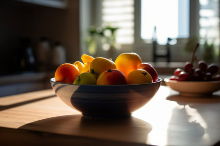 Fresh fruits in a bowl on the kitchen table. Selective focus. AI generated.の素材
