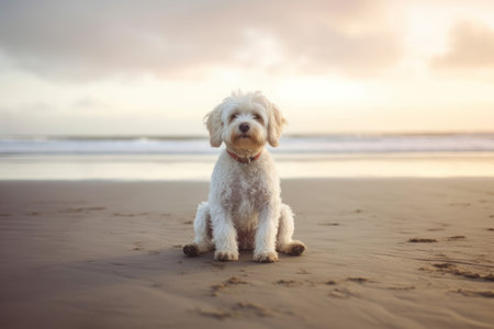 Cute Bichon Frise dog sitting on the beach at sunsetの素材