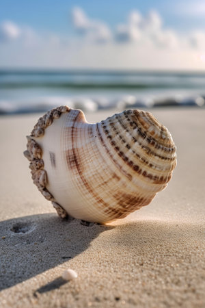 Beautiful heart shaped sea shell on the sandy beach. Selective focus. AI generatedの素材