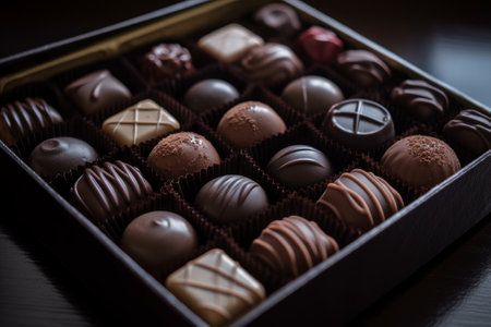 Box of assorted chocolates on dark wooden background. Toned.の写真素材