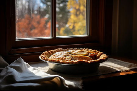 Homemade apple pie in a baking dish on the windowsill. Selective focus. AI generatedの素材