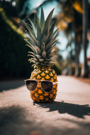 Pineapple in sunglasses on the sidewalk. Concept of summer vacation and travel. AI generated.の素材