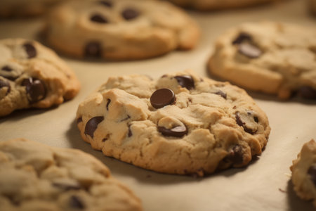 Freshly baked chocolate chip cookies on baking parchment paper. Selective focus. Toned.の写真素材
