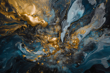 Marbled blue and golden abstract background. Liquid marble ink and paint pattern.の写真素材