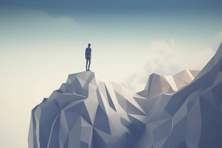 A man standing on the top of a polygonal mountain, deep in thought. AI generatedの素材