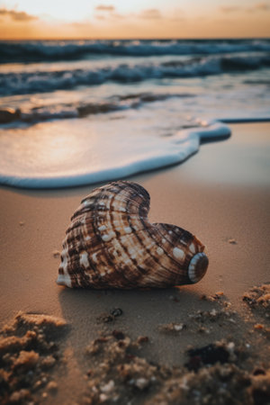 Heart shaped seashell on the beach at sunset. Beautiful seascape.の写真素材
